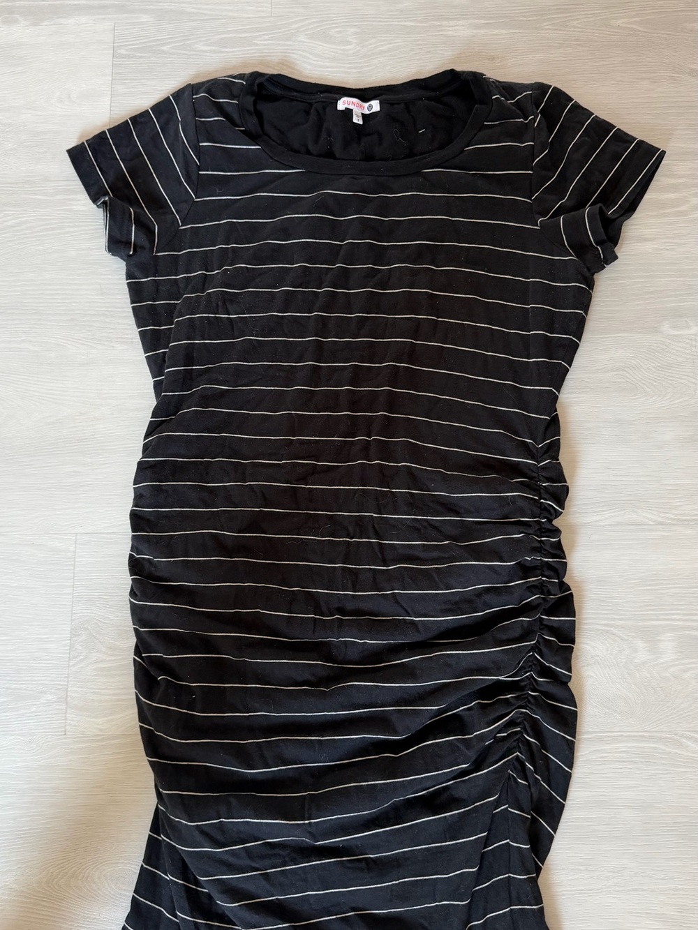 Ruched Side Striped Tee Dress - Black and white